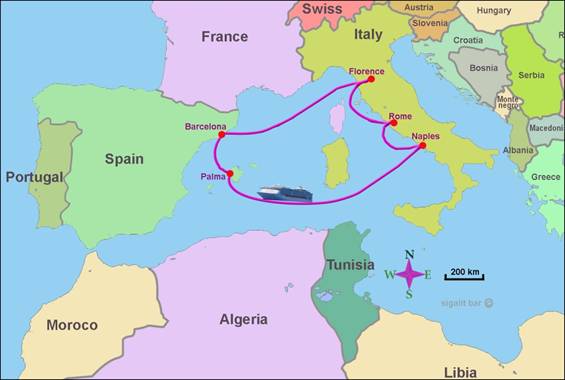 Map of cruise in the Western Mediterranean