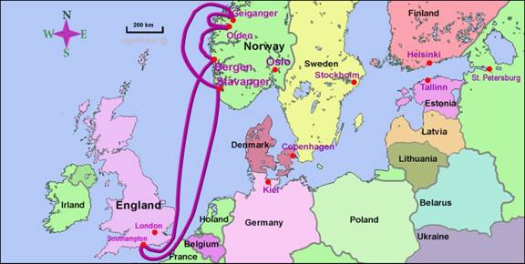 map of cruise of Scandinavia and the fiords
