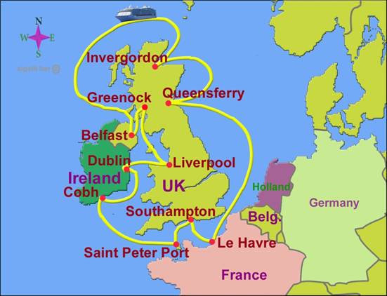 map of Cruise to the British Isles and Coastal Britain