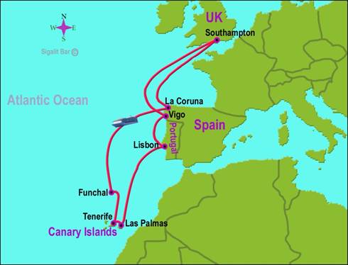 map of cruise to the Canary Islands