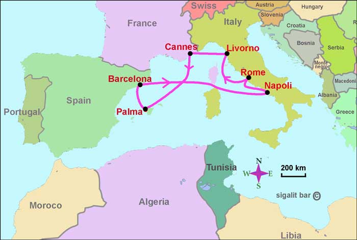 מפת מסלול הקרוז במערב הים התיכון