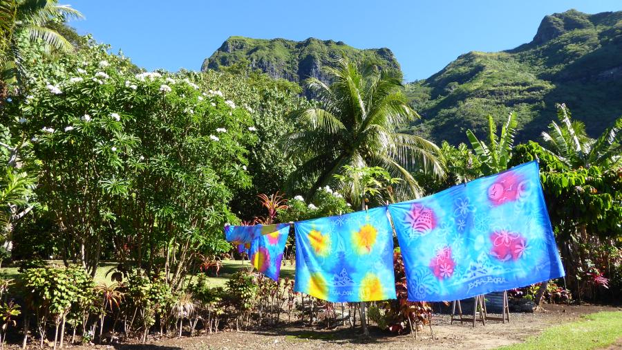 painted fabrics on the background of the mountain in Bora Bora