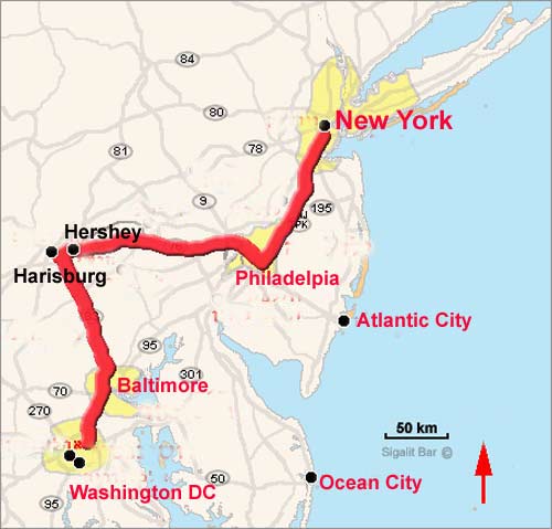 Map of itinerary from New York to Washington