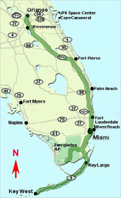 Itinerary map from Orlando to Key West via Miami and the Everglades Park