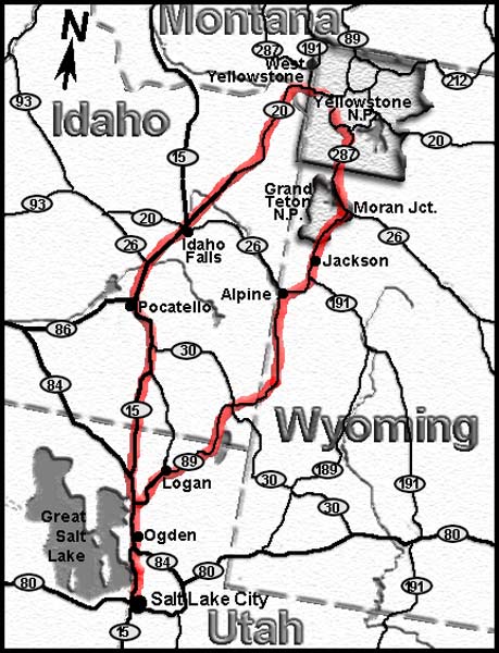Map of itinerary from Salt Lake City to Yellowstone and Grand Teton